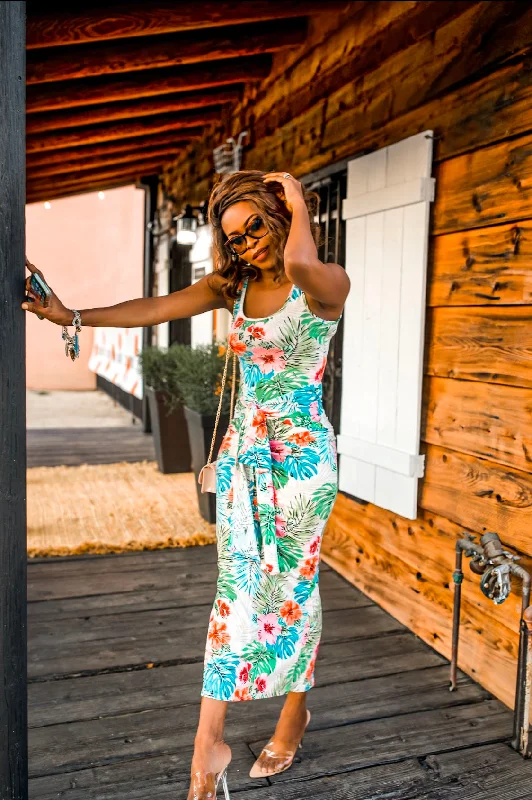 Fashionable clothing that fits every occasion   Tropical Print Bodycon Maxi Dress with Front Tie Waist