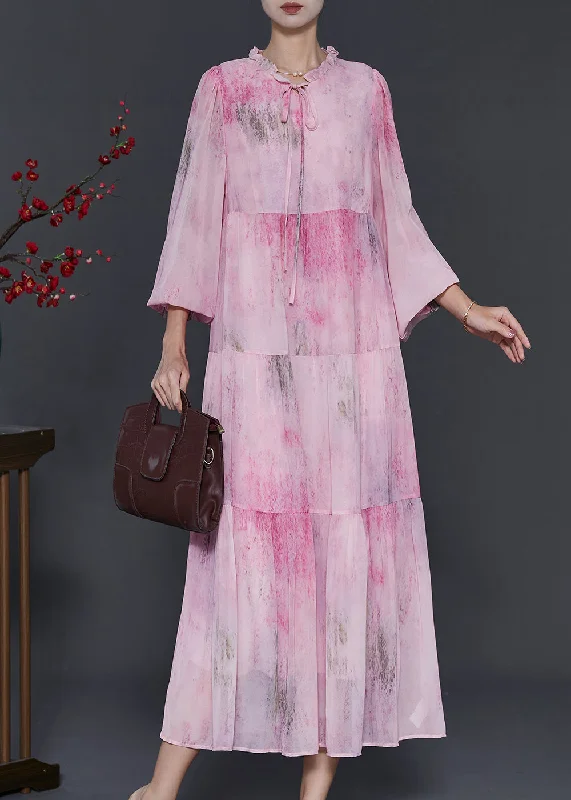 Cozy women’s clothing for the colder months   Bohemian Pink Ruffled Tie Dye Chiffon Maxi Dress Spring