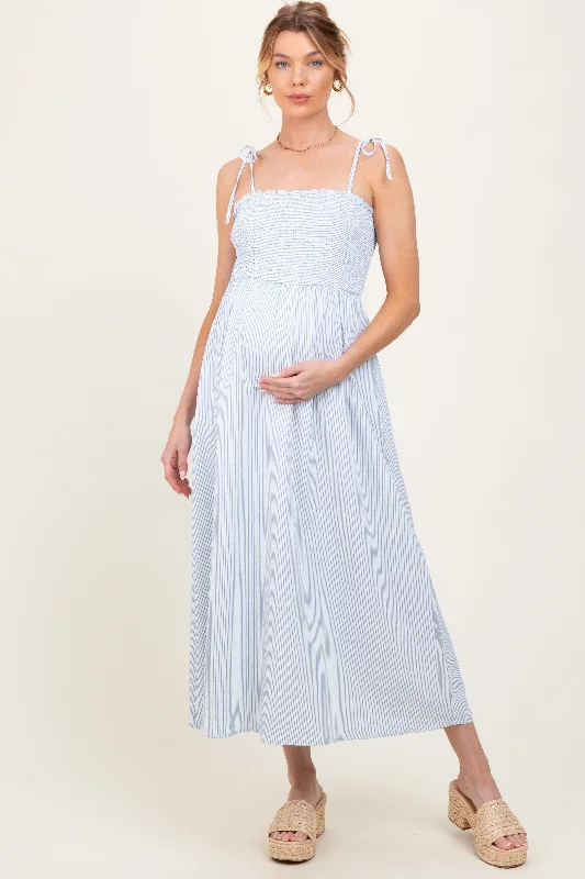 High-fashion styles at affordable prices   Blue Striped Shoulder Tie Smocked Maternity Maxi Dress