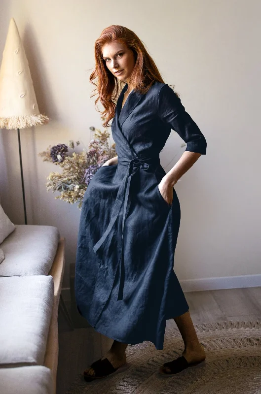 Effortlessly chic outfits for the modern woman   Midi Length Linen Dress with Tie Waist