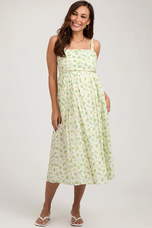 Elegant and comfortable women’s fashion wear   Blue Floral Textured Dot Square Neck Maternity Midi Dress