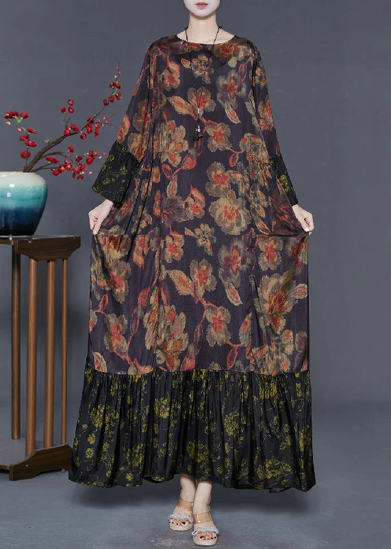Trendy women’s clothing that suits every taste   Plus Size Black Oversized Patchwork Print Silk Maxi Dresses Flare Sleeve