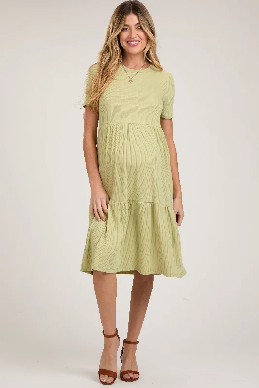 Statement pieces for the confident woman   Light Olive Ribbed Tiered Maternity Midi Dress