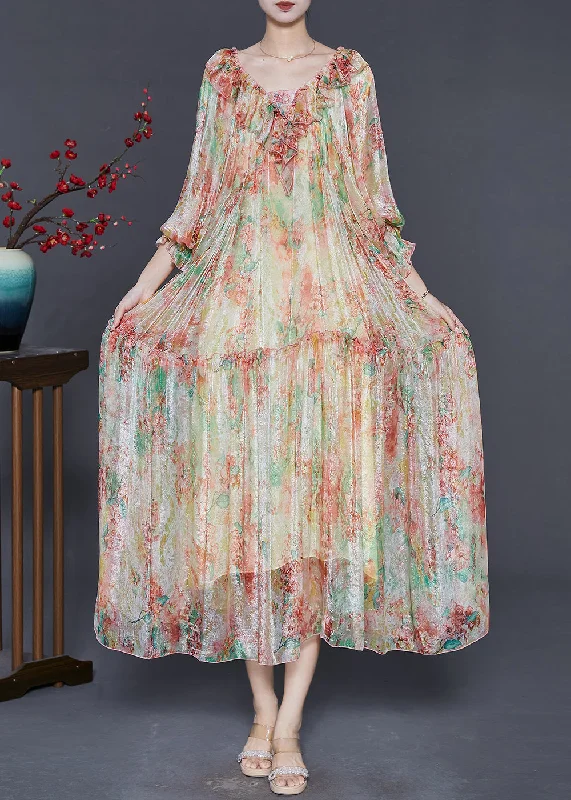 Classic pieces for a timeless wardrobe   Stylish Khaki Ruffles Print Silk Maxi Dresses Spring