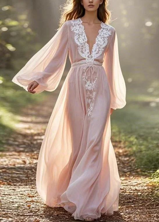 Feminine silhouettes for the modern woman   Boutique V Neck Lace Patchwork Chiffon Maxi Dresses Lantern Sleeve