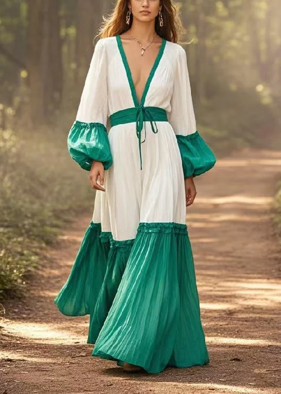 Trendy women’s clothing with a modern twist   Casual White Cinched Patchwork Cotton Maxi Dresses Lantern Sleeve