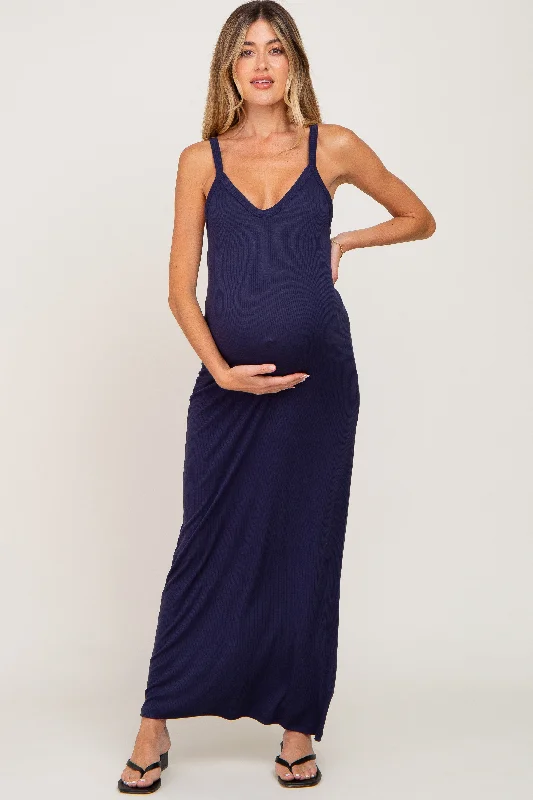 Find your perfect fit with stylish women’s clothing   Navy Ribbed Basic Maternity Maxi Dress