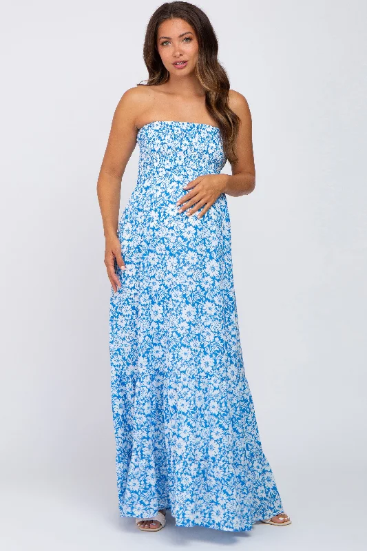 Fashionable clothing that fits every occasion   Blue Floral Strapless Smocked Maternity Maxi Dress