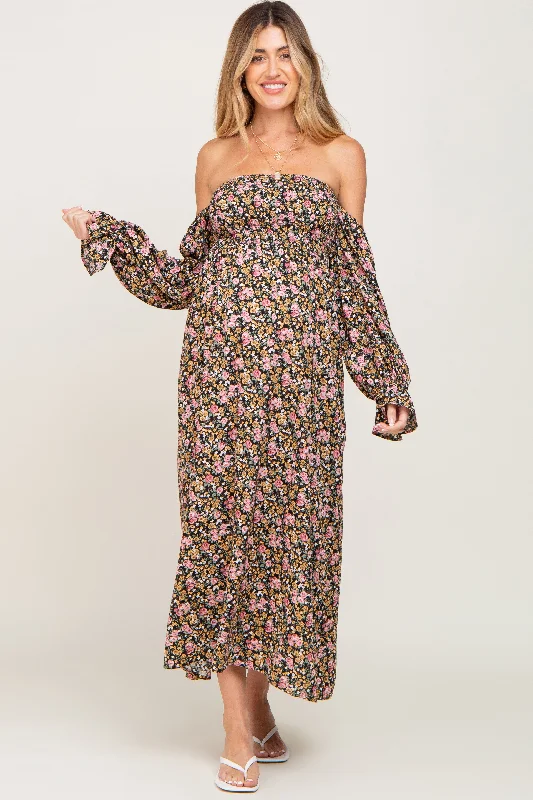 High-quality women’s wear for everyday elegance   Black Floral Off Shoulder Long Sleeve Maternity Maxi Dress