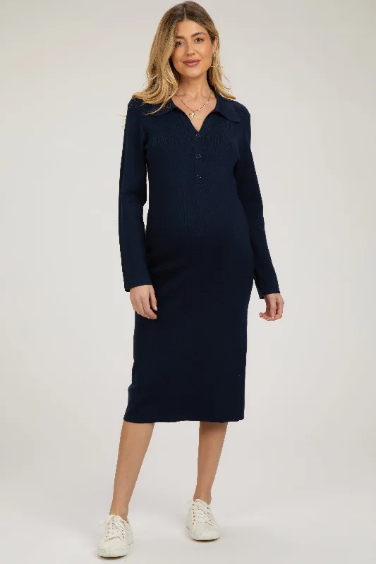 Women’s fashion that reflects your personality   Navy Collared Long Sleeve Sweater Maternity Midi Dress