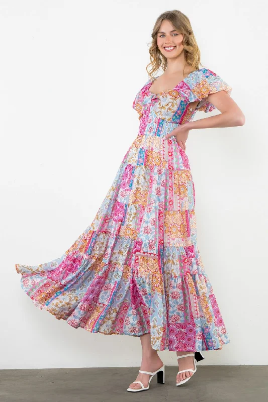 Summer-ready fashion for stylish women   Colorful Patchwork Tiered Maxi Dress