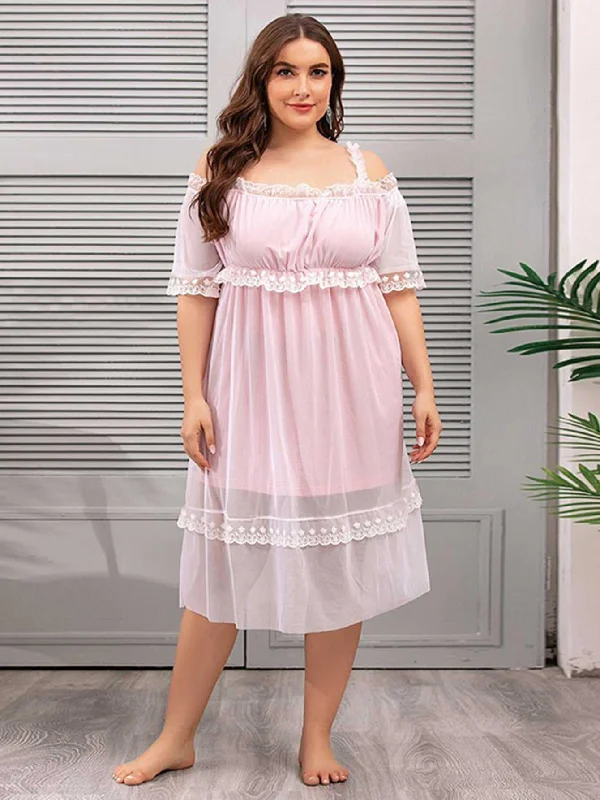 Curated collections for modern, fashionable women   KittenAlarm - Plus Size Mesh V-neck Lace Sheer Lounge Wear Short Sleeve Nightdress