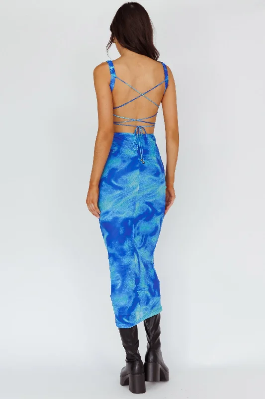 Look and feel your best in our women’s wear   Dream Crush Lace-Up Back Side Split Maxi Dress Swirl Blue