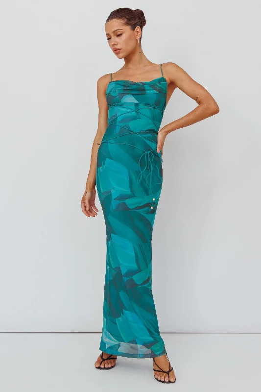Chic and comfortable clothing for busy women   Teava Laced Waist Maxi Dress Abstract Green