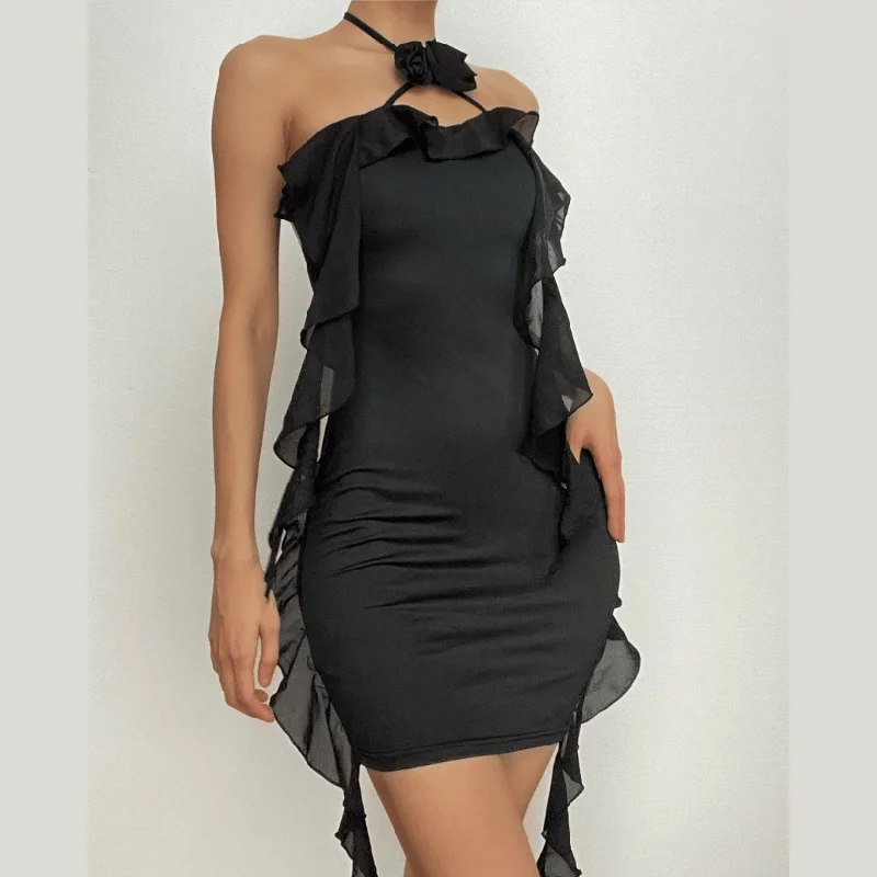 Sporty-chic women’s apparel for active lifestyles   BerryBetty - Halter self tie flower applique ribbon backless mini dress