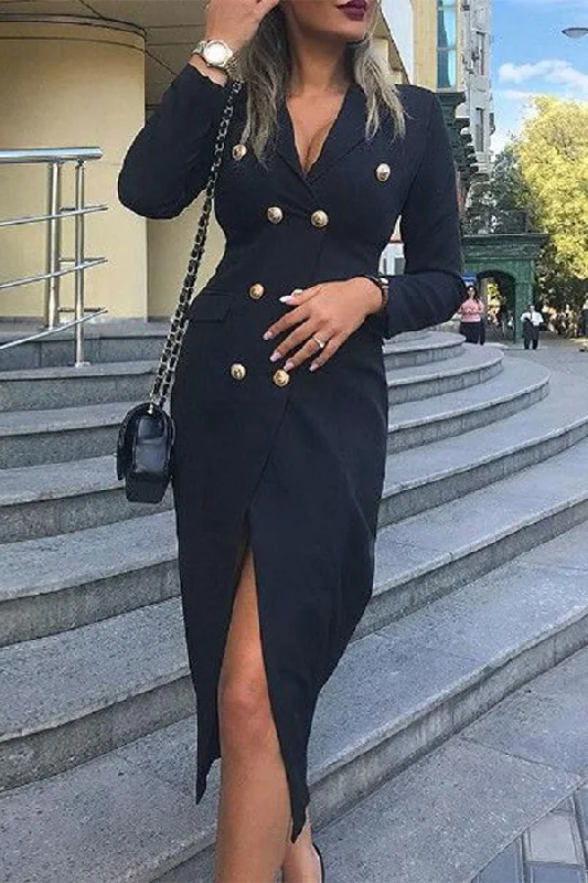 Effortlessly stylish outfits for the modern woman   Solid Color Classic Double Breasted Midi Dress
