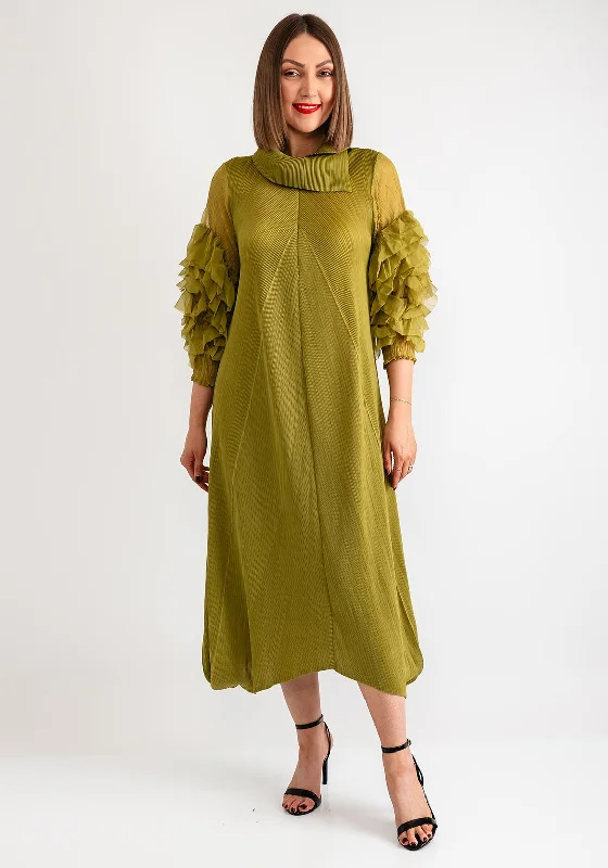 Elegant casual clothing for modern women   Thanny Collar Ruffle Sleeve Midi Dress, Olive Green