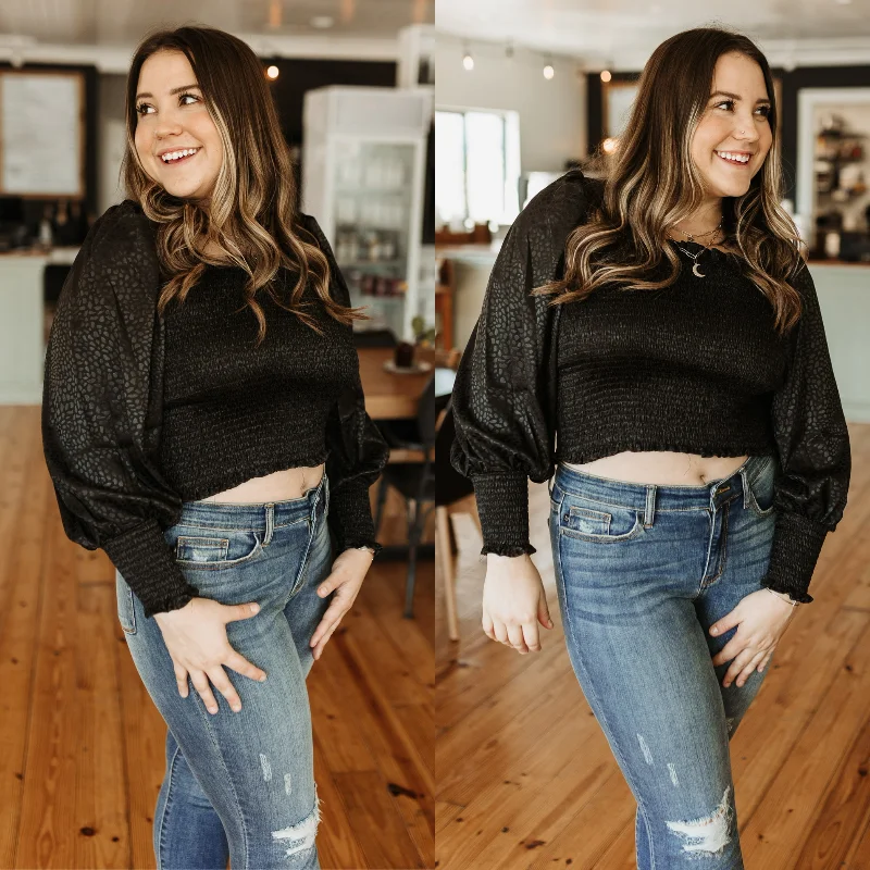 Sustainable fashion for stylish women   First Class Satin Dotted Crop Top with Long Sleeves in Black