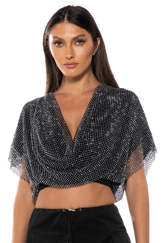 Sleek and sophisticated fashion for modern women   INDIGO DRAPED RHINESTONE MESH BLOUSE