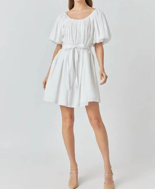 Fashionable, yet affordable women’s apparel   Eloise Pleated Puff Sleeve Dress In White