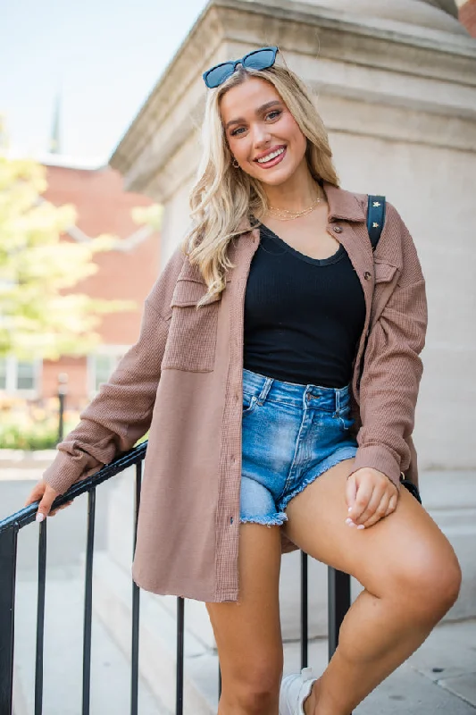 Versatile fashion for every type of woman   How I Feel Brown Waffle Detail Shacket