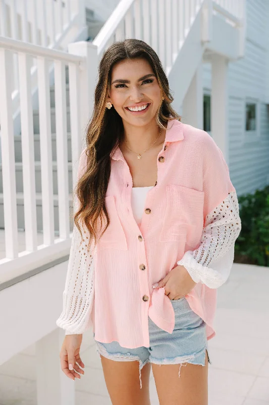 Curated collections of sophisticated women’s wear Keep Shining Pink and Cream Color Block Crochet Sleeve Gauze Shacket Curated collections of sophisticated women’s wear Keep Shining Pink and Cream Color Block Crochet Sleeve Gauze Shacket