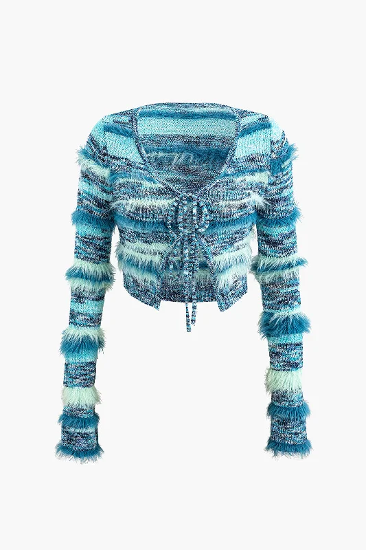 Fashionable clothing that fits every occasion Stripe Feather Detail Tie Front Long Sleeve Knit Cardigan Fashionable clothing that fits every occasion Stripe Feather Detail Tie Front Long Sleeve Knit Cardigan