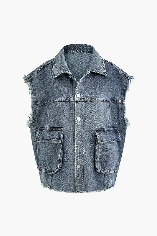 Express your style with fashionable women’s clothing   Frayed Flap Pocket Denim Vest