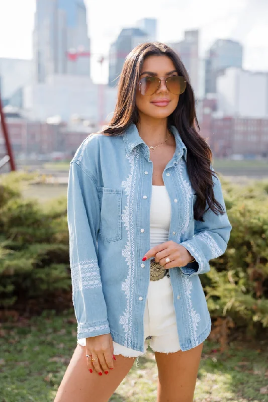 Sporty-chic women’s apparel for active lifestyles Remember Me Medium Wash Embroidered Trim Chambray Shacket Sporty-chic women’s apparel for active lifestyles Remember Me Medium Wash Embroidered Trim Chambray Shacket
