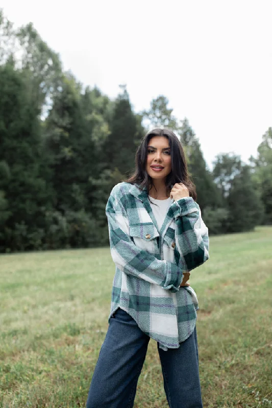 Women’s clothing that combines comfort and style   Wind Down Green Fleece Plaid Shacket