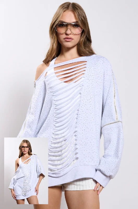 Fashionable, yet affordable women’s apparel   DISTRESSED OFF THE SHOULDER RHINESTONE EMBELLISHED SWEATSHIRT