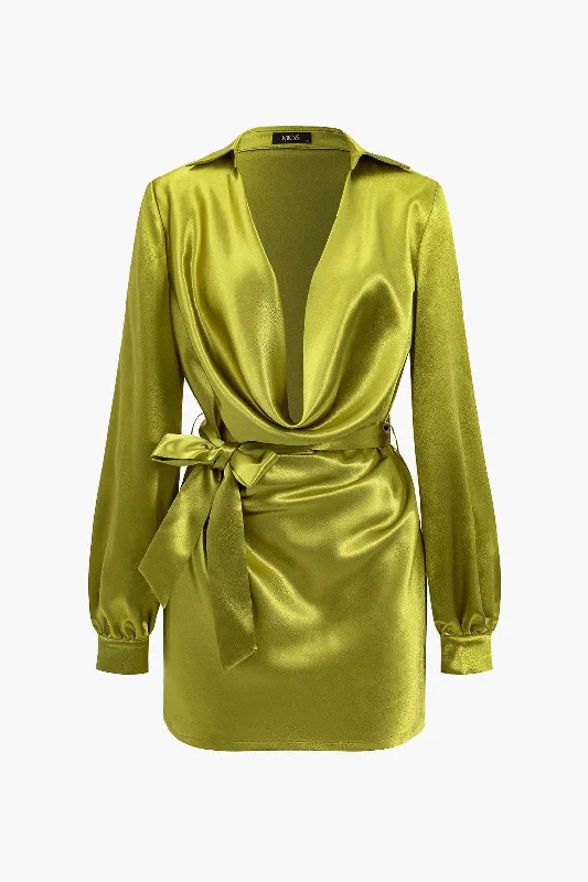 Summer-ready fashion for stylish women   Solid Tie Front Draped Cowl Neck Belted Mini Dress