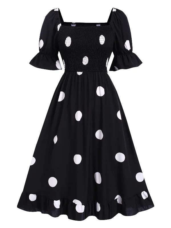 Designer-inspired women’s fashion at affordable prices   Black 1940s Ruffle Cuffs Polka Dots Smocked Dress