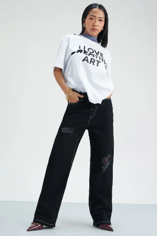 Soft, breathable fabrics for fashionable women   Dark Knight Straight Fit Distress Jeans