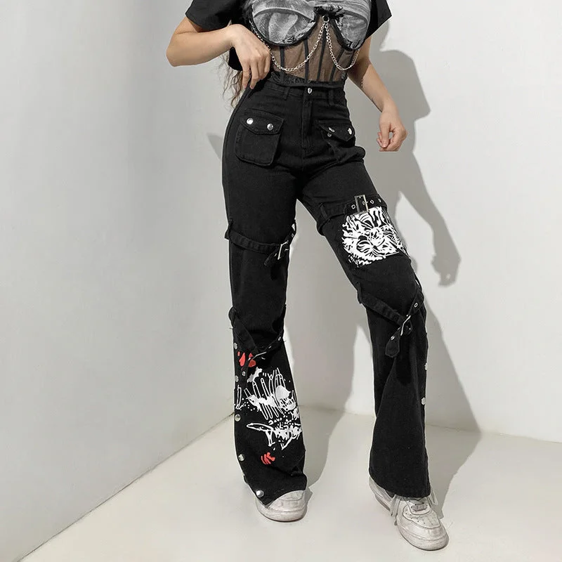 Versatile fashion for every type of woman   Printed Metal Buckle Wide Leg Wholesale Jeans