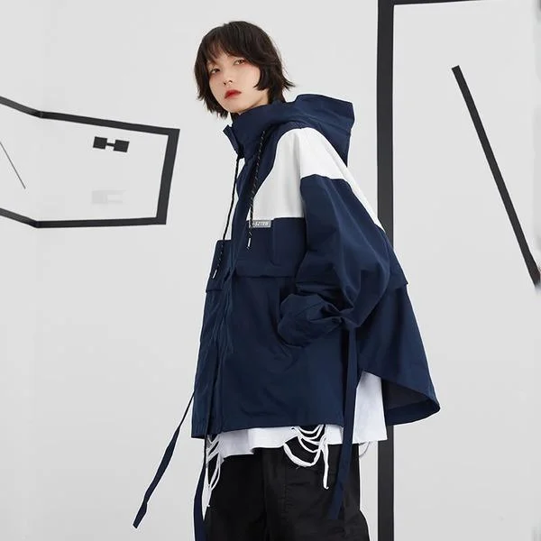 Summer-ready fashion for stylish women Splicing Loose Drawstring Bandage Hooded Stand Collar Casual Women Short Coat Summer-ready fashion for stylish women Splicing Loose Drawstring Bandage Hooded Stand Collar Casual Women Short Coat