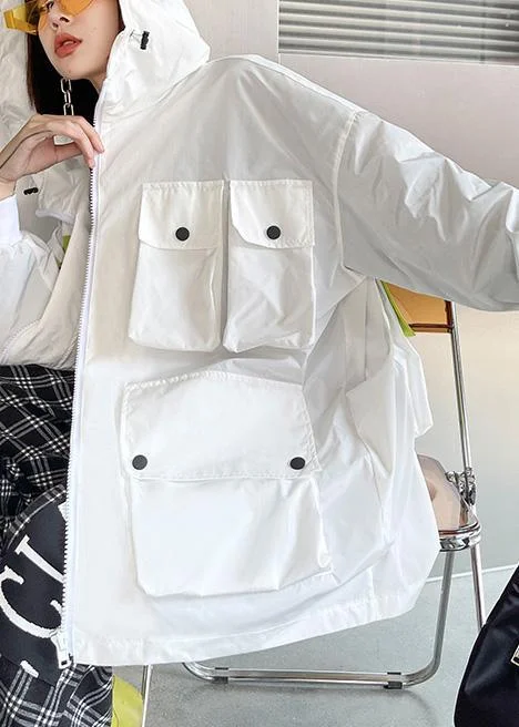 Stylish plus-size clothing for women Spring Unique White Colorblock Pockets zippered Hooded Cotton Jacket Stylish plus-size clothing for women Spring Unique White Colorblock Pockets zippered Hooded Cotton Jacket