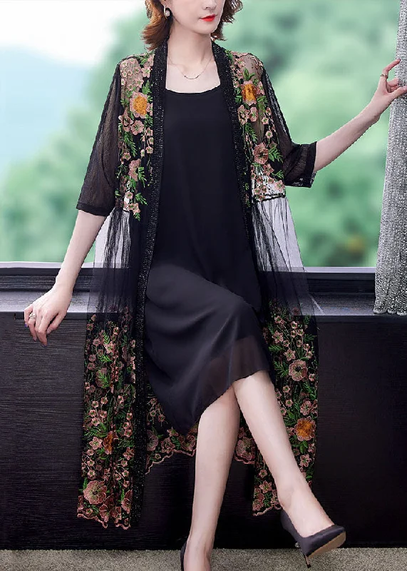 Trendy women’s clothing Style Black Embroideried Patchwork False Two Pieces Tulle Cardigans Dresses Summer Trendy women’s clothing Style Black Embroideried Patchwork False Two Pieces Tulle Cardigans Dresses Summer