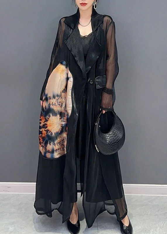 Sleek and sophisticated fashion for modern women Style Black Notched Patchwork Button Long Tulle Cardigan Fall Sleek and sophisticated fashion for modern women Style Black Notched Patchwork Button Long Tulle Cardigan Fall