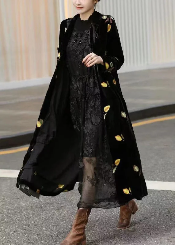 Curated collections for modern, fashionable women Style Black Notched Print Silk Velour Long Trench Coats Long Sleeve Curated collections for modern, fashionable women Style Black Notched Print Silk Velour Long Trench Coats Long Sleeve