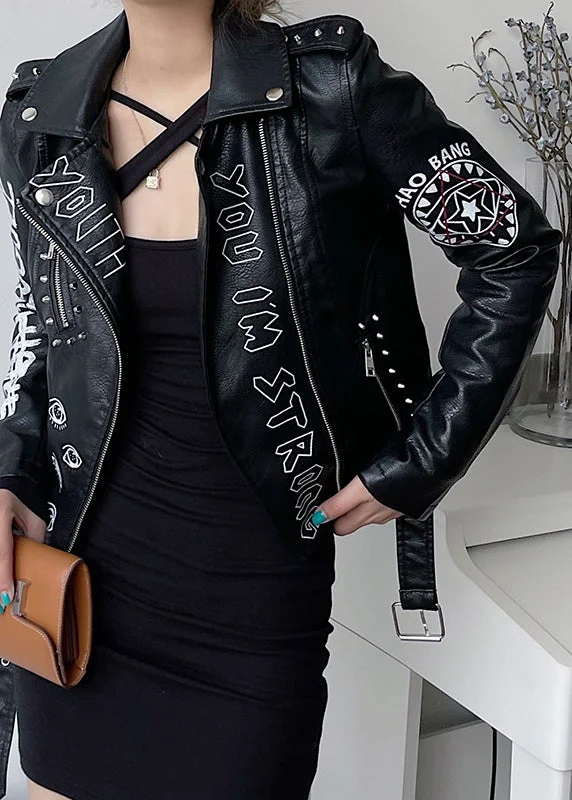 Fashionable clothing that fits every occasion Style Black Zip Up Graphic Rivet Patchwork Faux Leather Jacket Fall Fashionable clothing that fits every occasion Style Black Zip Up Graphic Rivet Patchwork Faux Leather Jacket Fall