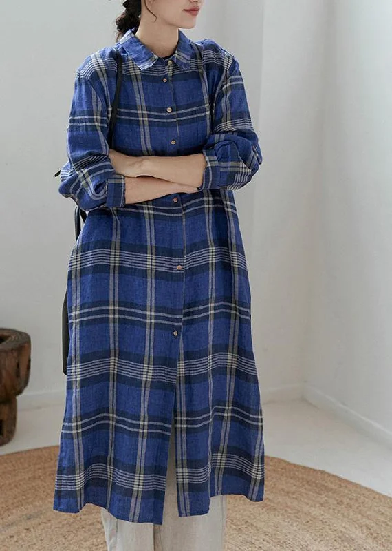 Feminine silhouettes for the modern woman Style Blue Plaid Outfit Lapel Button Down Spring Dresses Feminine silhouettes for the modern woman Style Blue Plaid Outfit Lapel Button Down Spring Dresses