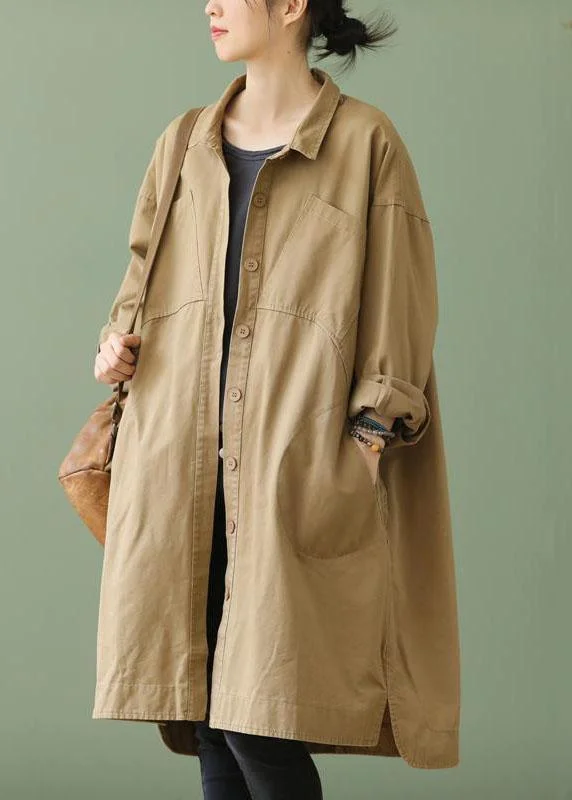 Trendy women’s clothing with a modern twist Style Khaki PeterPan Collar Pockets Button low high design Fall Long sleeve Trench Coat Trendy women’s clothing with a modern twist Style Khaki PeterPan Collar Pockets Button low high design Fall Long sleeve Trench Coat
