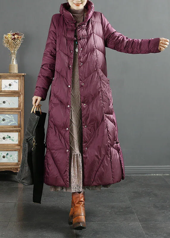 Feminine and fashionable clothing for every wardrobe   Style Purple Stand Collar Solid Lengthen Duck Down Puffer Jacket Winter