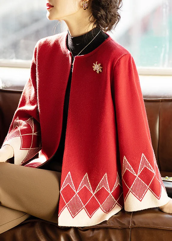 High-fashion styles at affordable prices Style Red O Neck Print Patchwork Knit Cardigan Fall High-fashion styles at affordable prices Style Red O Neck Print Patchwork Knit Cardigan Fall