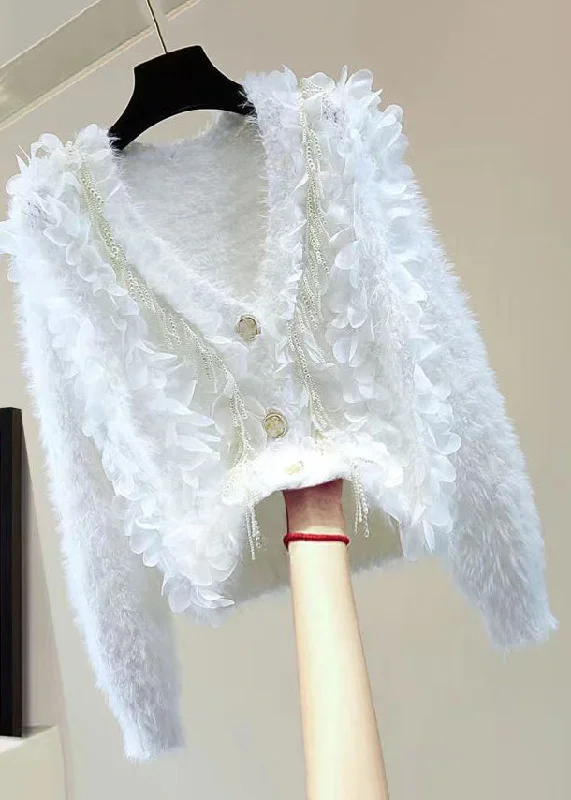 Bold and sophisticated looks for every woman Style White V Neck Tasseled Patchwork Mink Hair Knitted Cardigan Fall Bold and sophisticated looks for every woman Style White V Neck Tasseled Patchwork Mink Hair Knitted Cardigan Fall