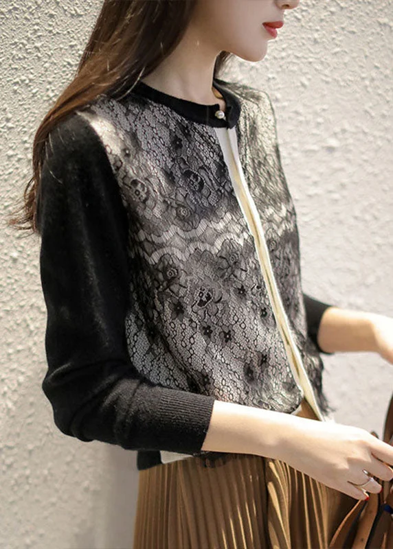Women’s clothing to inspire confidence and beauty Stylish Black O-Neck Lace Patchwork Knit Cardigans Spring Women’s clothing to inspire confidence and beauty Stylish Black O-Neck Lace Patchwork Knit Cardigans Spring