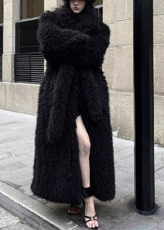 Chic for every occasion and style Stylish Black Tie Waist Patchwork Fuzzy Fur Fluffy Coat Winter Chic for every occasion and style Stylish Black Tie Waist Patchwork Fuzzy Fur Fluffy Coat Winter