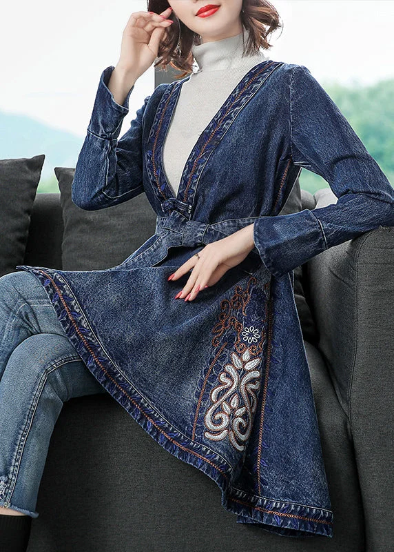 Dress to impress with elegant women’s wear Stylish Blue V Neck Embroideried Tie Waist Cotton Denim Trench Coats Long Sleeve Dress to impress with elegant women’s wear Stylish Blue V Neck Embroideried Tie Waist Cotton Denim Trench Coats Long Sleeve