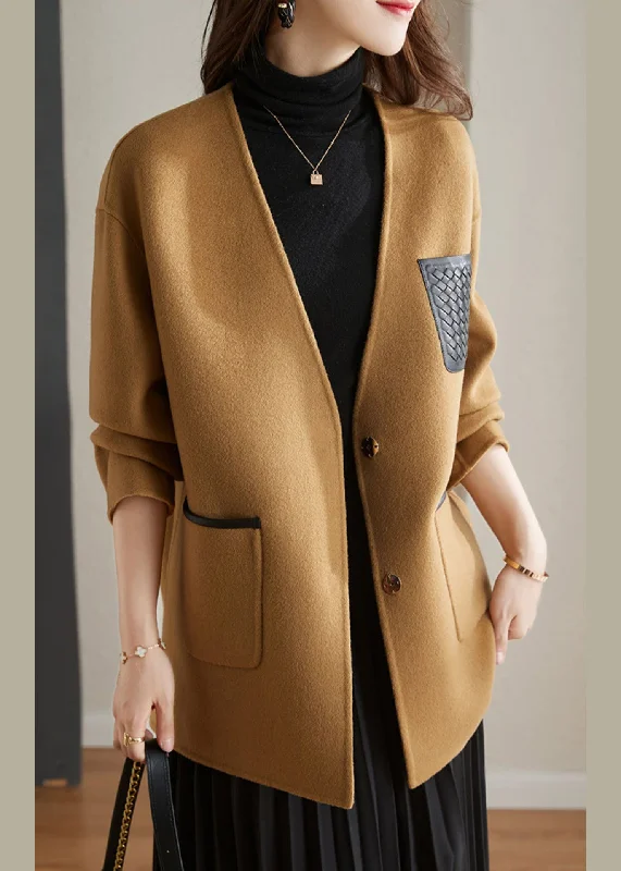 Cozy women’s clothing for the colder months Stylish Camel V Neck Patchwork Button Wool Blend Coats Fall Cozy women’s clothing for the colder months Stylish Camel V Neck Patchwork Button Wool Blend Coats Fall